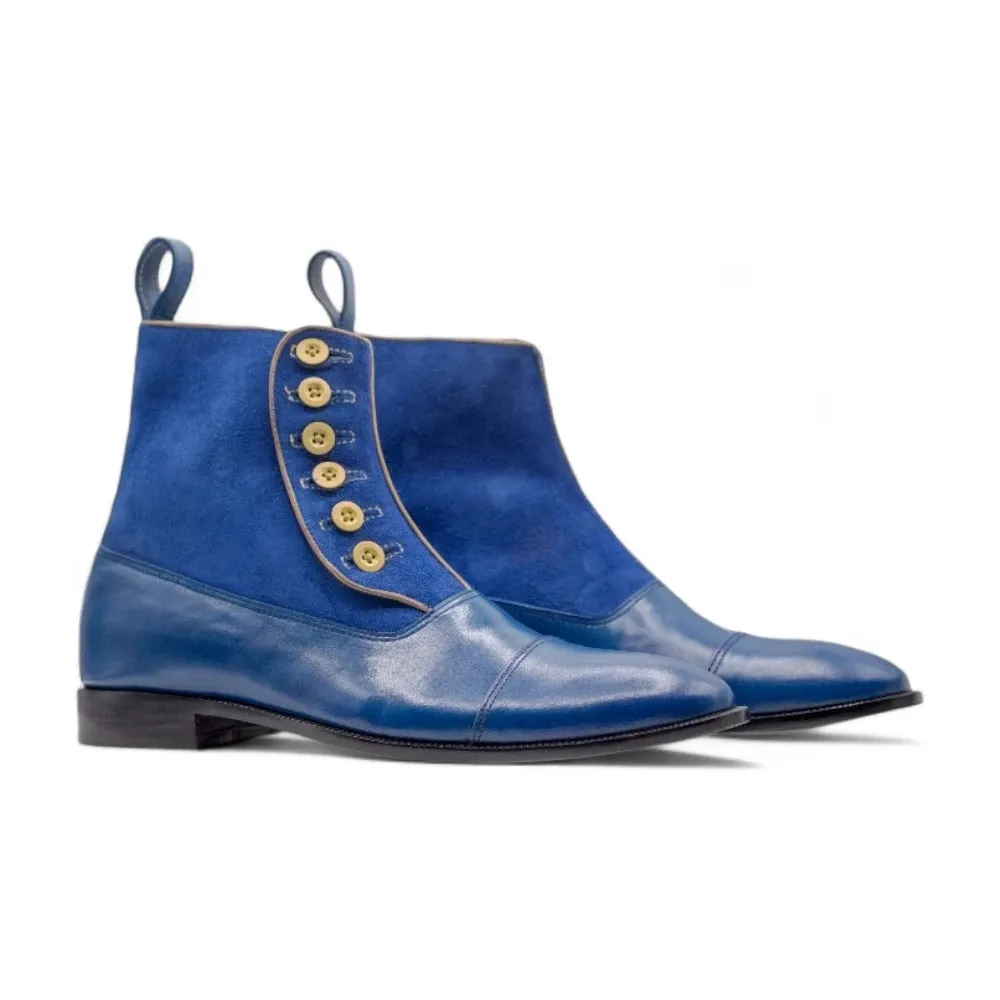 Blue Men's Leather Suede Button Boot
