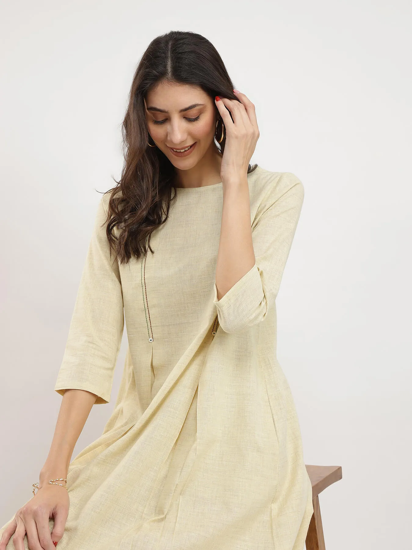 Cotton Solid A-Line Midi Dress - Khaki
