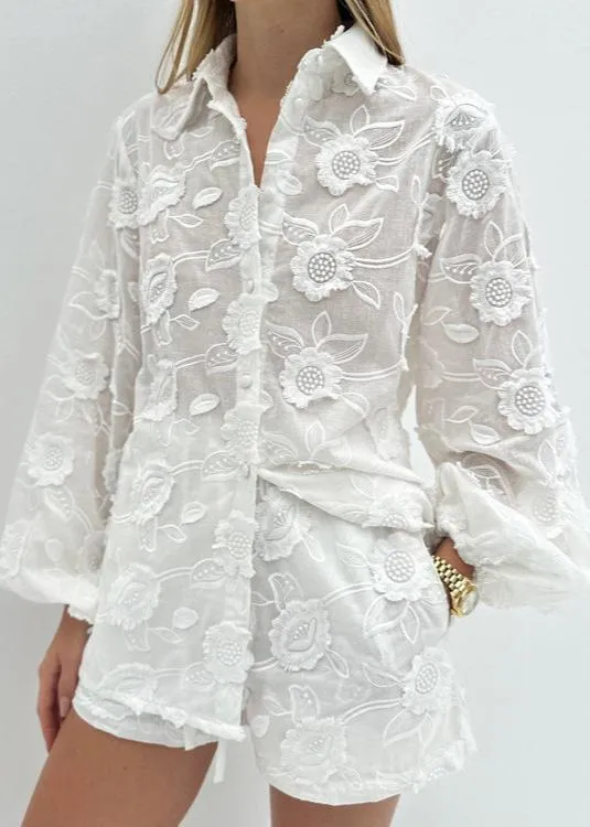 Ivyshape | Breeze Sheer Embroidered Shirt & High-Waist Shorts Set