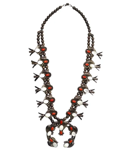 Navajo Coral and Mother of Pearl Sterling Silver Squash Blossom Necklace